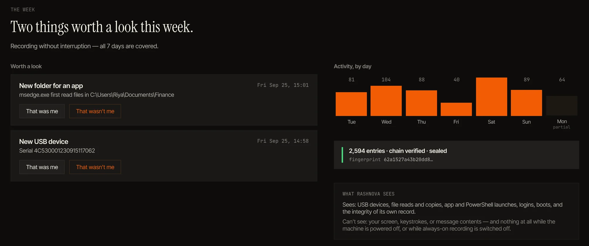 A close look at the Readout: a new folder read by an app and a new USB device, each waiting for That was me or That wasn't me, beside activity by day and a sealed, verified chain.